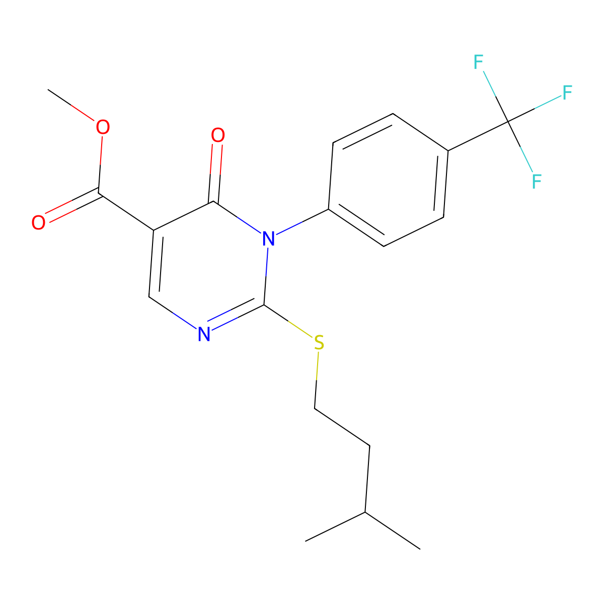 Methyl 2-(3-methylbutylsulfanyl)-6-oxo-1-[4-(trifluoromethyl)phenyl]pyrimidine-5-carboxylate molecular structure, CAS 2741938-03-2