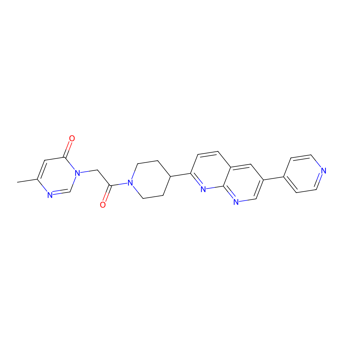 6-Methyl-3-(2-oxo-2-{4-[6-(pyridin-4-yl)-1,8-naphthyridin-2-yl]piperidin-1-yl}ethyl)-3,4-dihydropyrimidin-4-one molecular structure, CAS 2741938-07-6