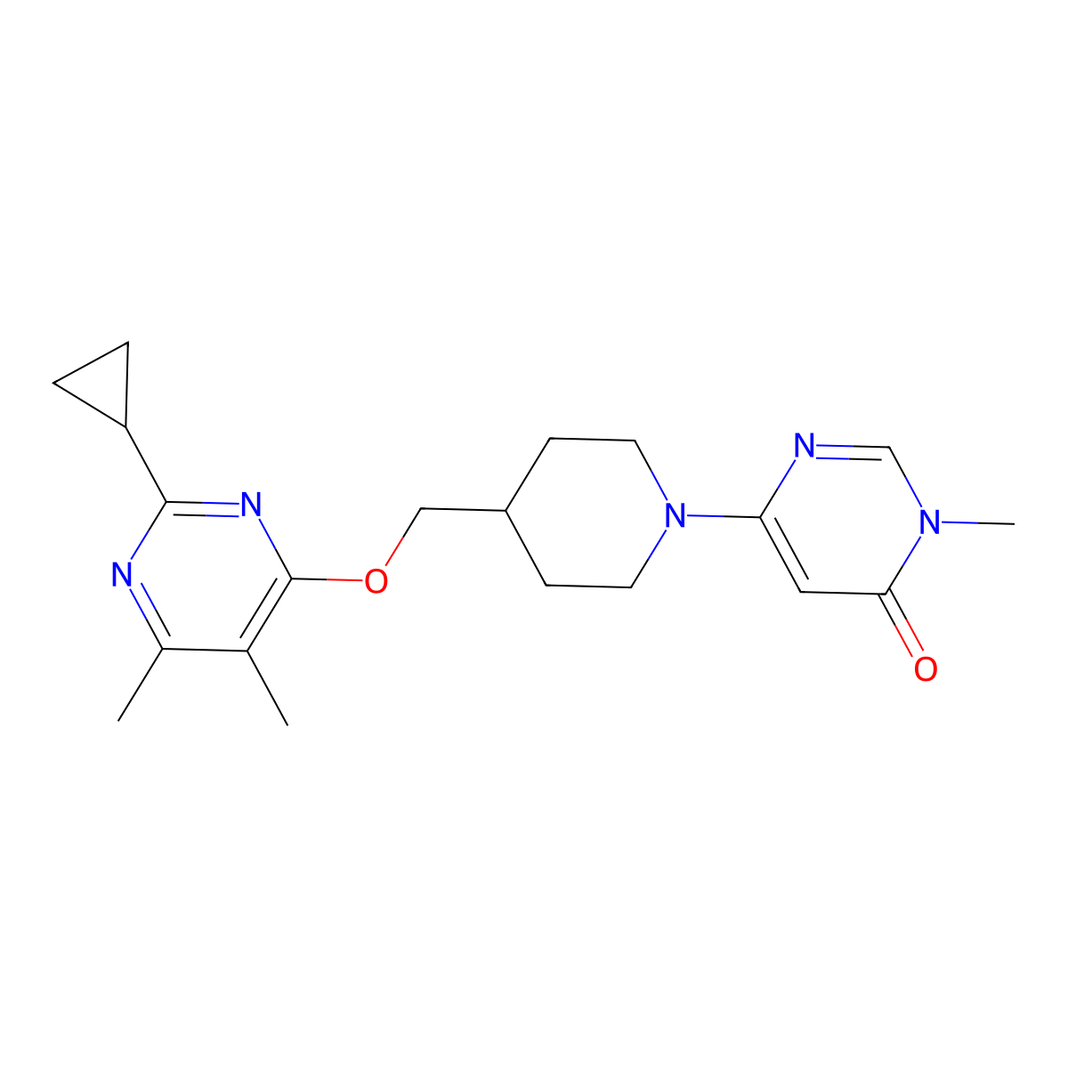 6-(4-{[(2-Cyclopropyl-5,6-dimethylpyrimidin-4-yl)oxy]methyl}piperidin-1-yl)-3-methyl-3,4-dihydropyrimidin-4-one molecular structure, CAS 2741938-08-7