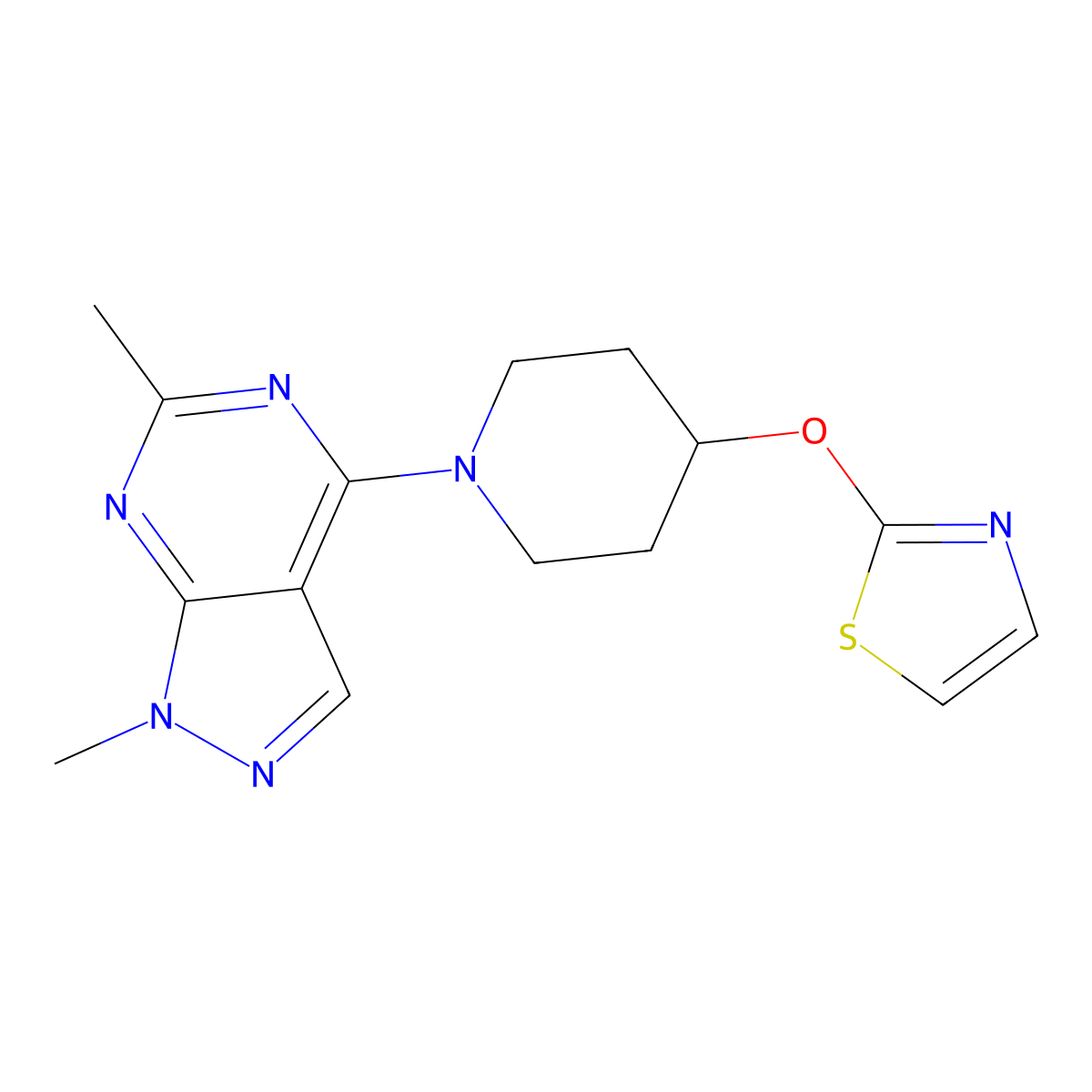 1-{1,6-dimethyl-1H-pyrazolo[3,4-d]pyrimidin-4-yl}-4-(1,3-thiazol-2-yloxy)piperidine molecular structure, CAS 2741938-11-2