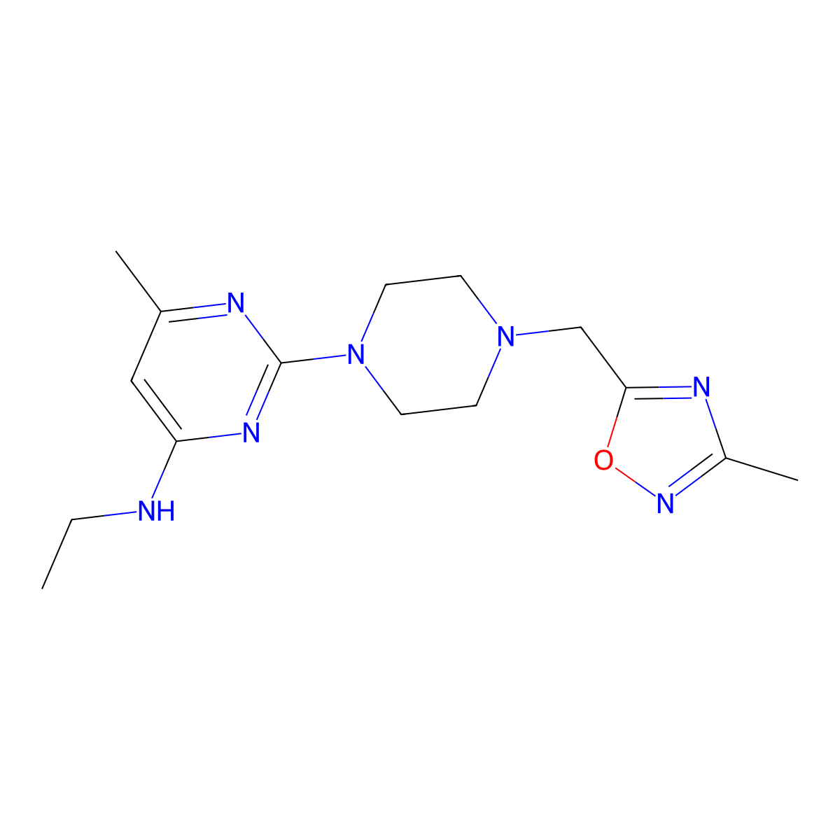 N-ethyl-6-methyl-2-{4-[(3-methyl-1,2,4-oxadiazol-5-yl)methyl]piperazin-1-yl}pyrimidin-4-amine molecular structure, CAS 2741938-15-6