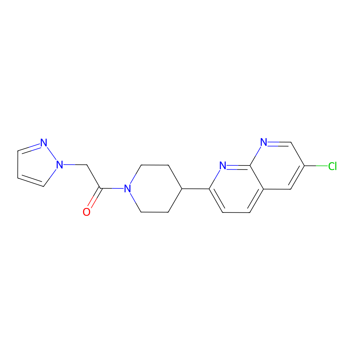 1-[4-(6-chloro-1,8-naphthyridin-2-yl)piperidin-1-yl]-2-(1H-pyrazol-1-yl)ethan-1-one molecular structure, CAS 2741938-27-0
