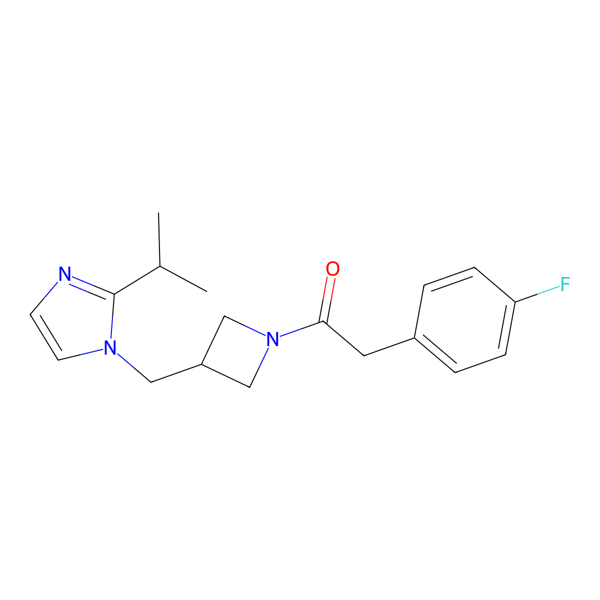 2-(4-fluorophenyl)-1-(3-{[2-(propan-2-yl)-1H-imidazol-1-yl]methyl}azetidin-1-yl)ethan-1-one molecular structure, CAS 2741938-30-5