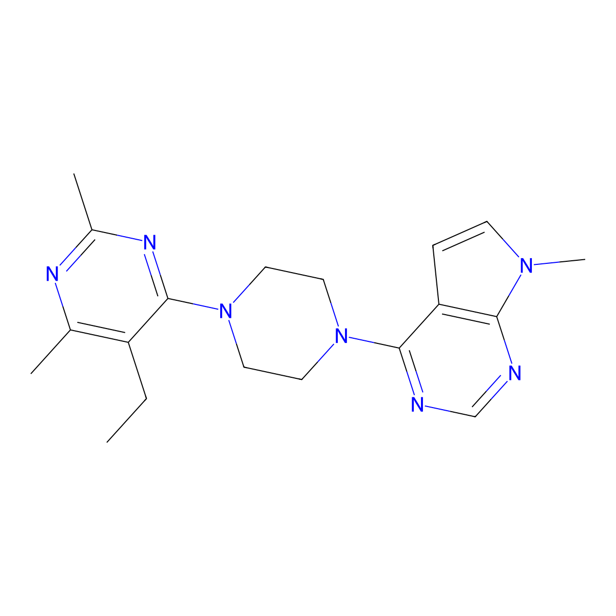 5-ethyl-2,4-dimethyl-6-(4-{7-methyl-7H-pyrrolo[2,3-d]pyrimidin-4-yl}piperazin-1-yl)pyrimidine molecular structure, CAS 2741938-34-9