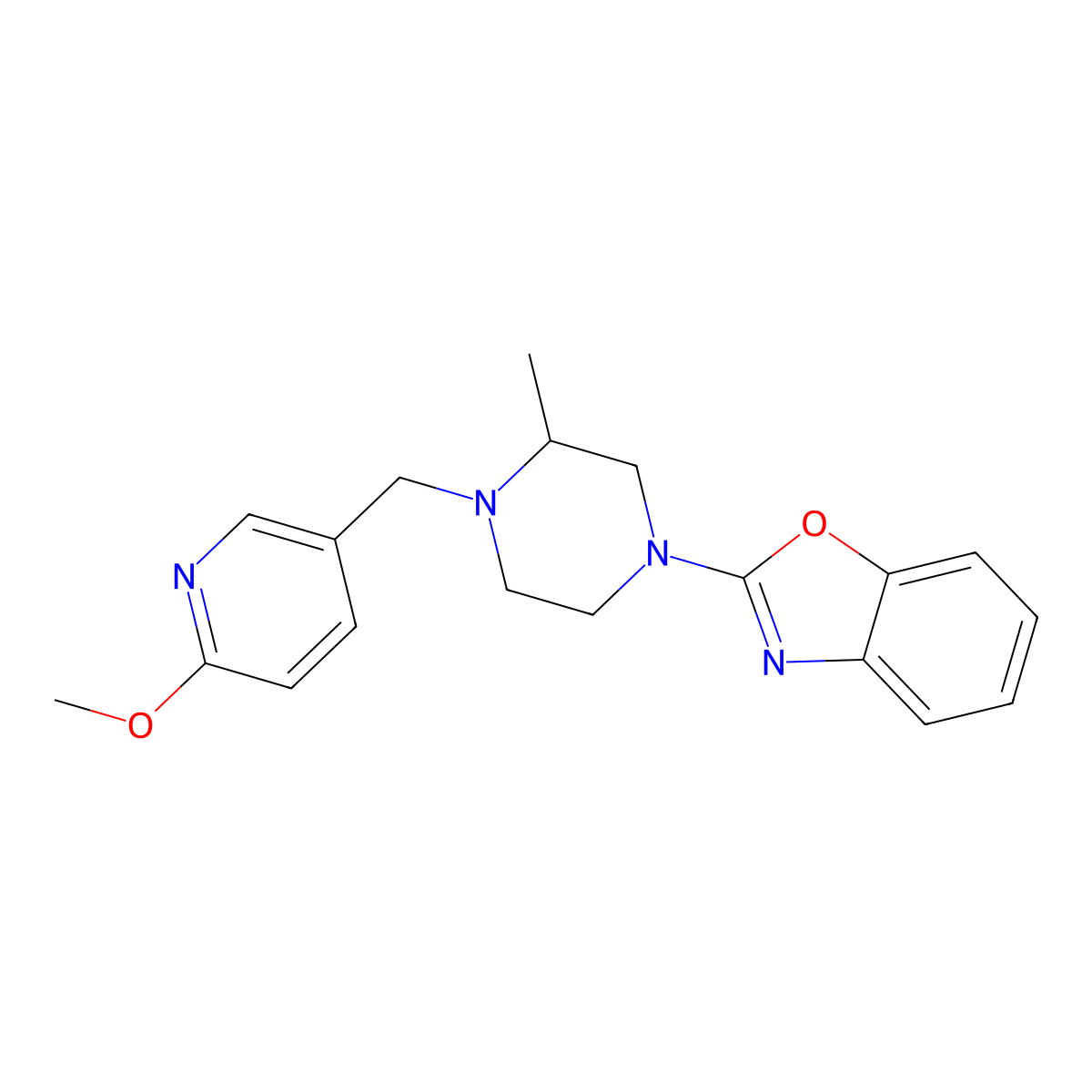2-{4-[(6-Methoxypyridin-3-yl)methyl]-3-methylpiperazin-1-yl}-1,3-benzoxazole molecular structure, CAS 2741938-35-0