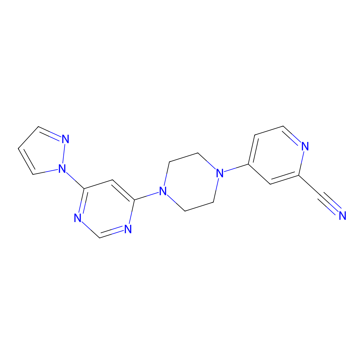 4-{4-[6-(1H-pyrazol-1-yl)pyrimidin-4-yl]piperazin-1-yl}pyridine-2-carbonitrile molecular structure, CAS 2741938-36-1