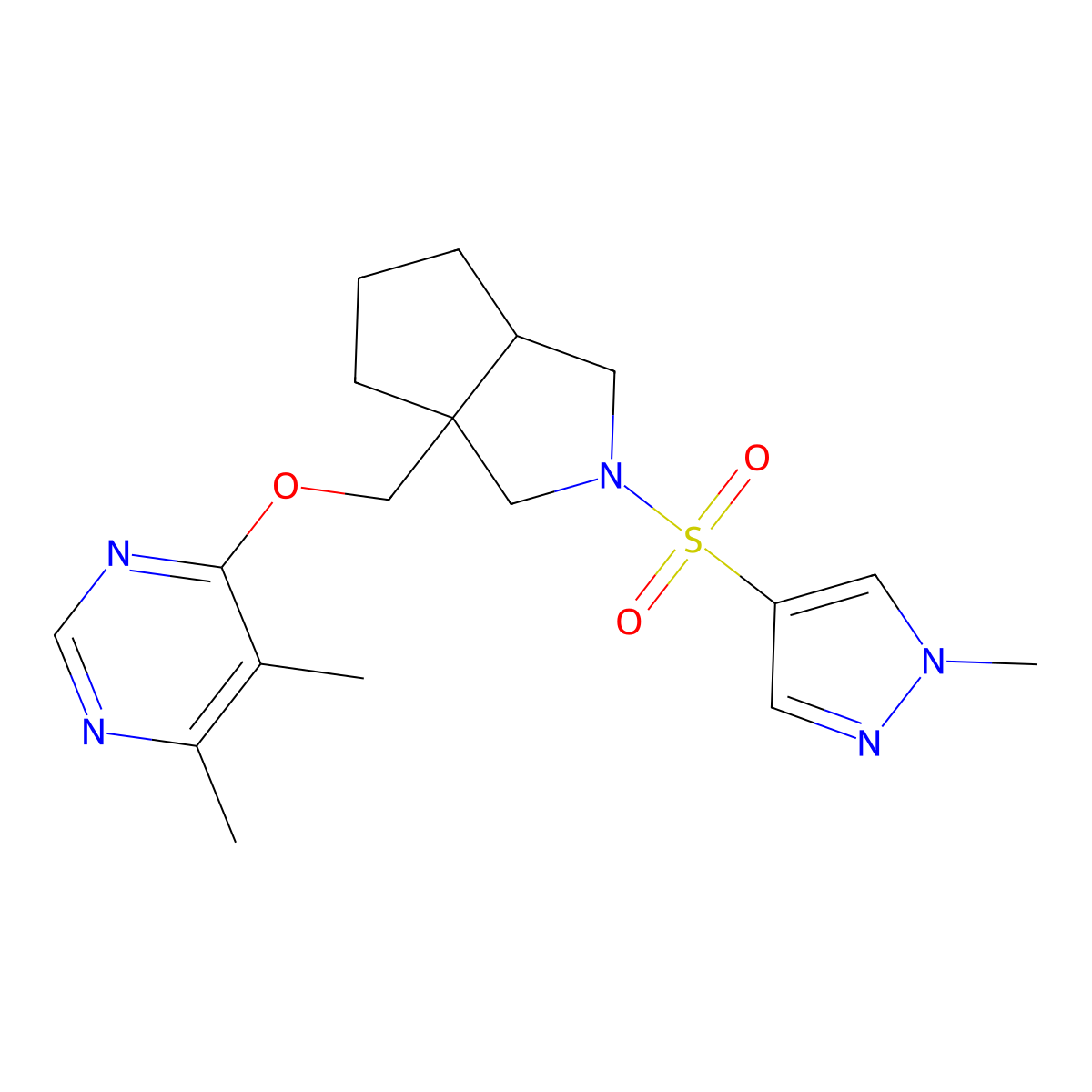 4,5-dimethyl-6-({2-[(1-methyl-1H-pyrazol-4-yl)sulfonyl]-octahydrocyclopenta[c]pyrrol-3a-yl}methoxy)pyrimidine molecular structure, CAS 2741938-44-1
