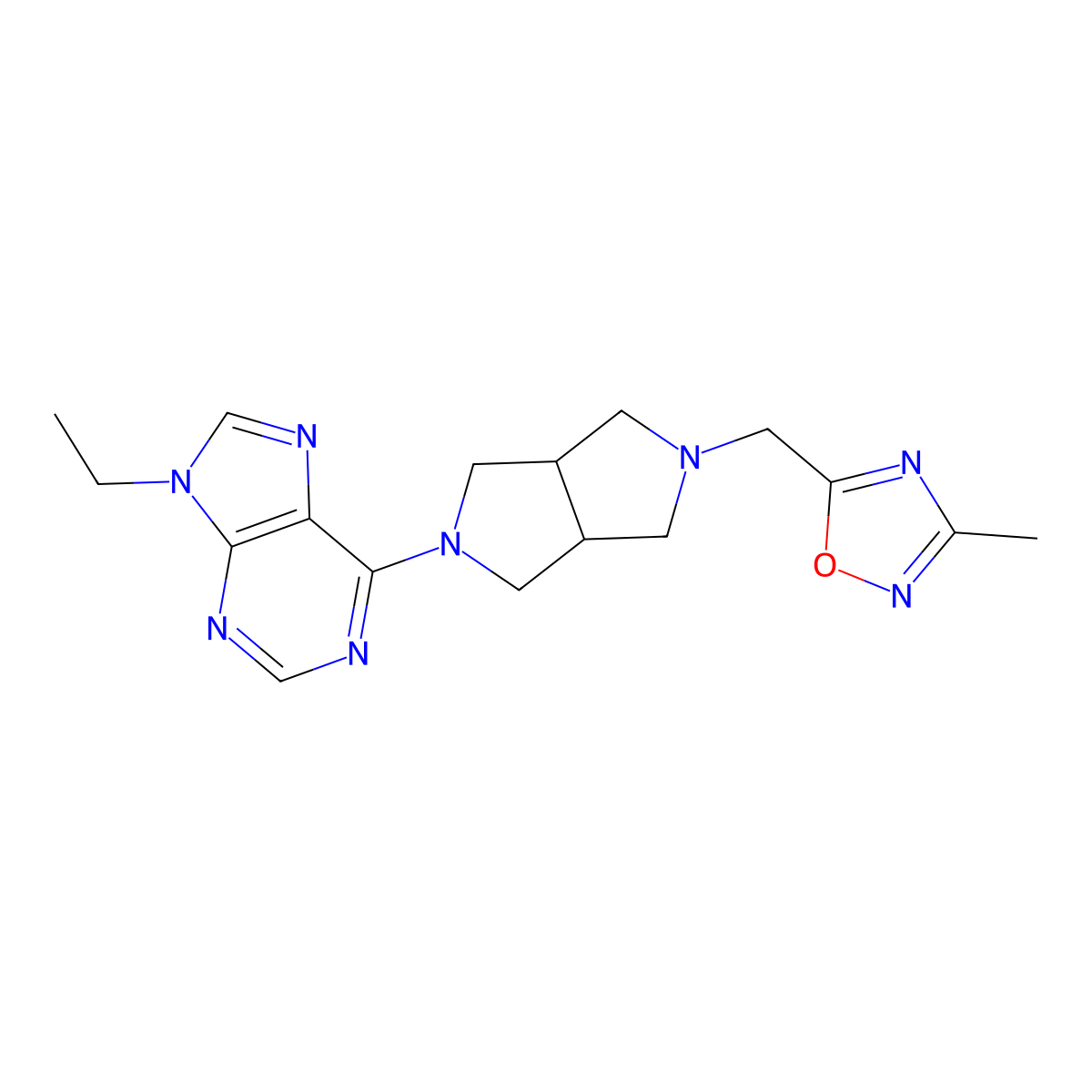9-ethyl-6-{5-[(3-methyl-1,2,4-oxadiazol-5-yl)methyl]-octahydropyrrolo[3,4-c]pyrrol-2-yl}-9H-purine molecular structure, CAS 2741938-45-2
