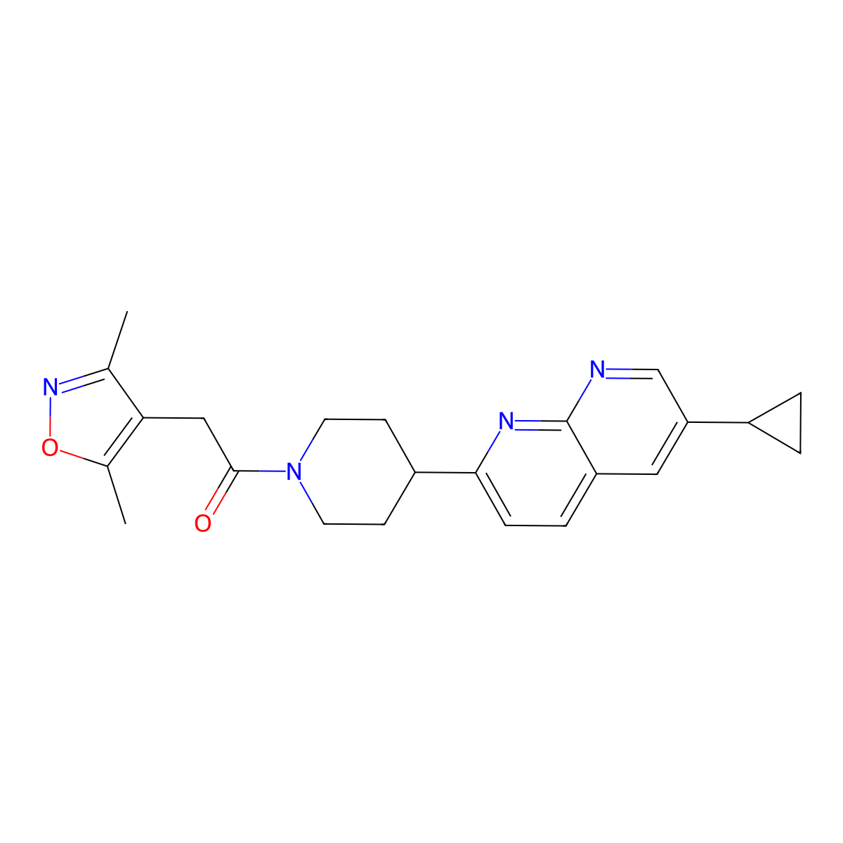 1-[4-(6-Cyclopropyl-1,8-naphthyridin-2-yl)piperidin-1-yl]-2-(3,5-dimethyl-1,2-oxazol-4-yl)ethan-1-one molecular structure, CAS 2741938-51-0