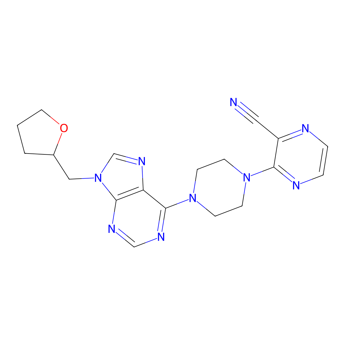 3-(4-{9-[(oxolan-2-yl)methyl]-9H-purin-6-yl}piperazin-1-yl)pyrazine-2-carbonitrile molecular structure, CAS 2741938-57-6