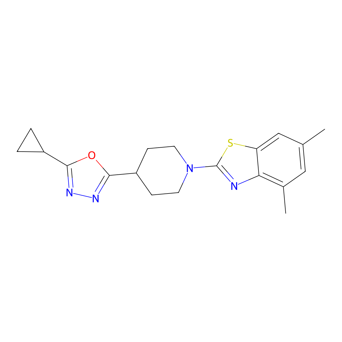 2-[4-(5-Cyclopropyl-1,3,4-oxadiazol-2-yl)piperidin-1-yl]-4,6-dimethyl-1,3-benzothiazole molecular structure, CAS 2741938-60-1