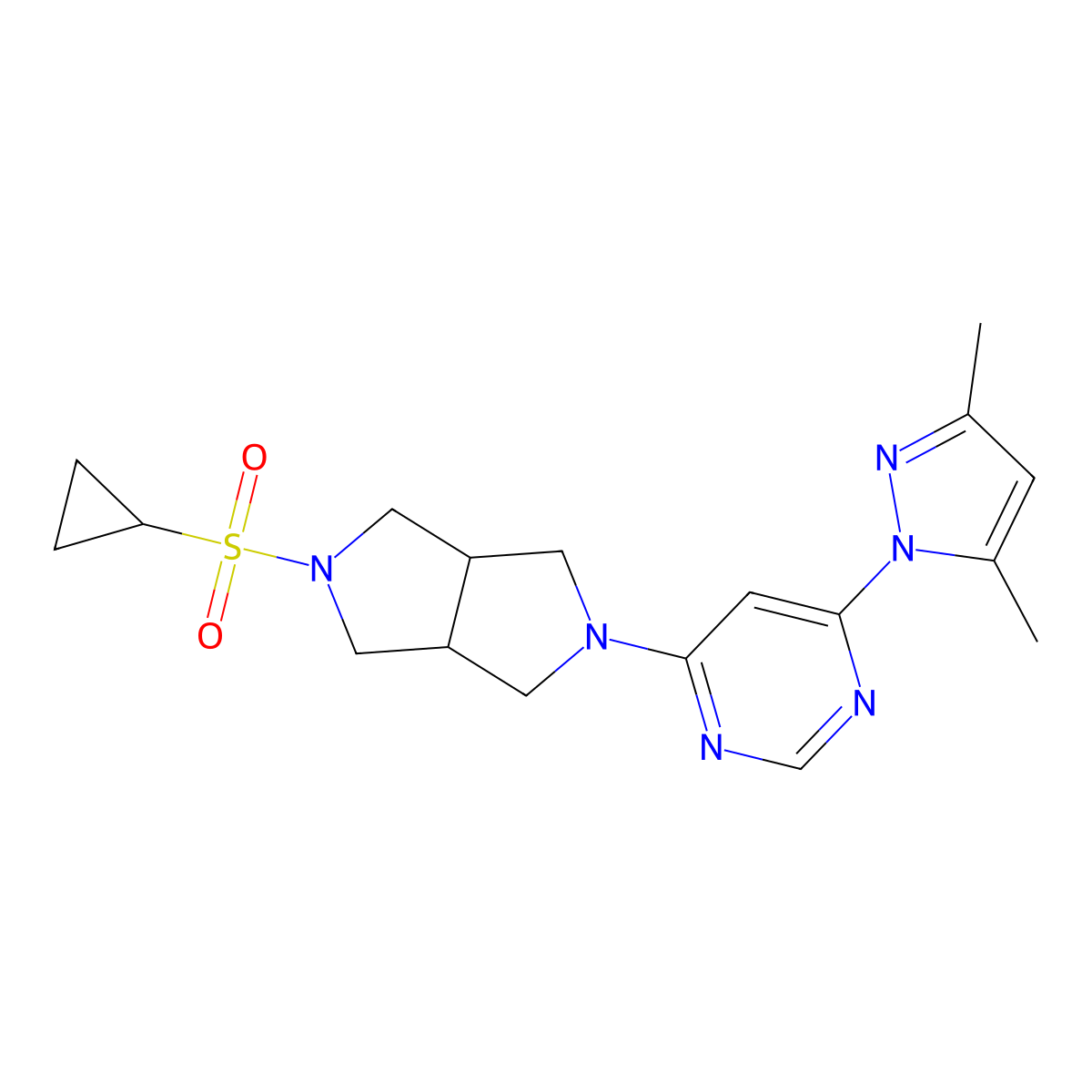 4-[5-(cyclopropanesulfonyl)-octahydropyrrolo[3,4-c]pyrrol-2-yl]-6-(3,5-dimethyl-1H-pyrazol-1-yl)pyrimidine molecular structure, CAS 2741938-62-3
