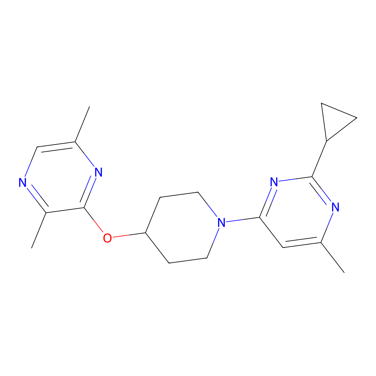 2-Cyclopropyl-4-{4-[(3,6-dimethylpyrazin-2-yl)oxy]piperidin-1-yl}-6-methylpyrimidine molecular structure, CAS 2741938-64-5