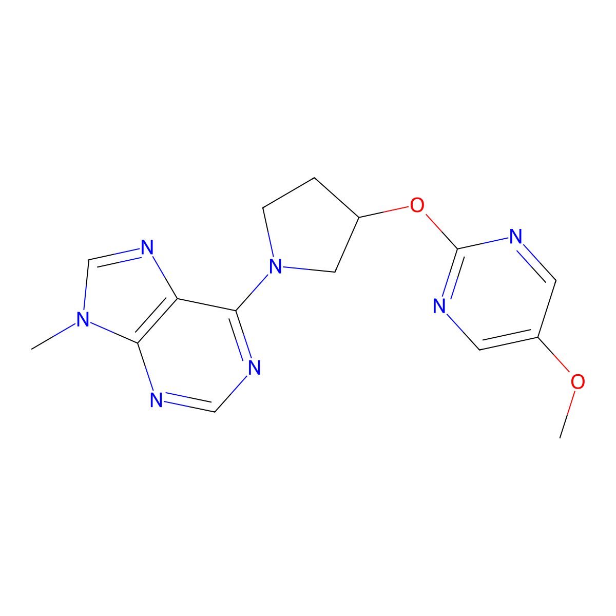 6-{3-[(5-methoxypyrimidin-2-yl)oxy]pyrrolidin-1-yl}-9-methyl-9H-purine molecular structure, CAS 2741938-67-8