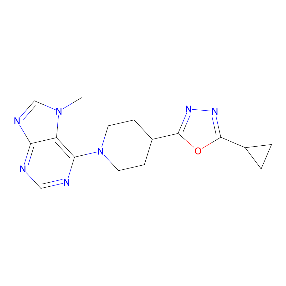 6-[4-(5-cyclopropyl-1,3,4-oxadiazol-2-yl)piperidin-1-yl]-7-methyl-7H-purine molecular structure, CAS 2741938-69-0