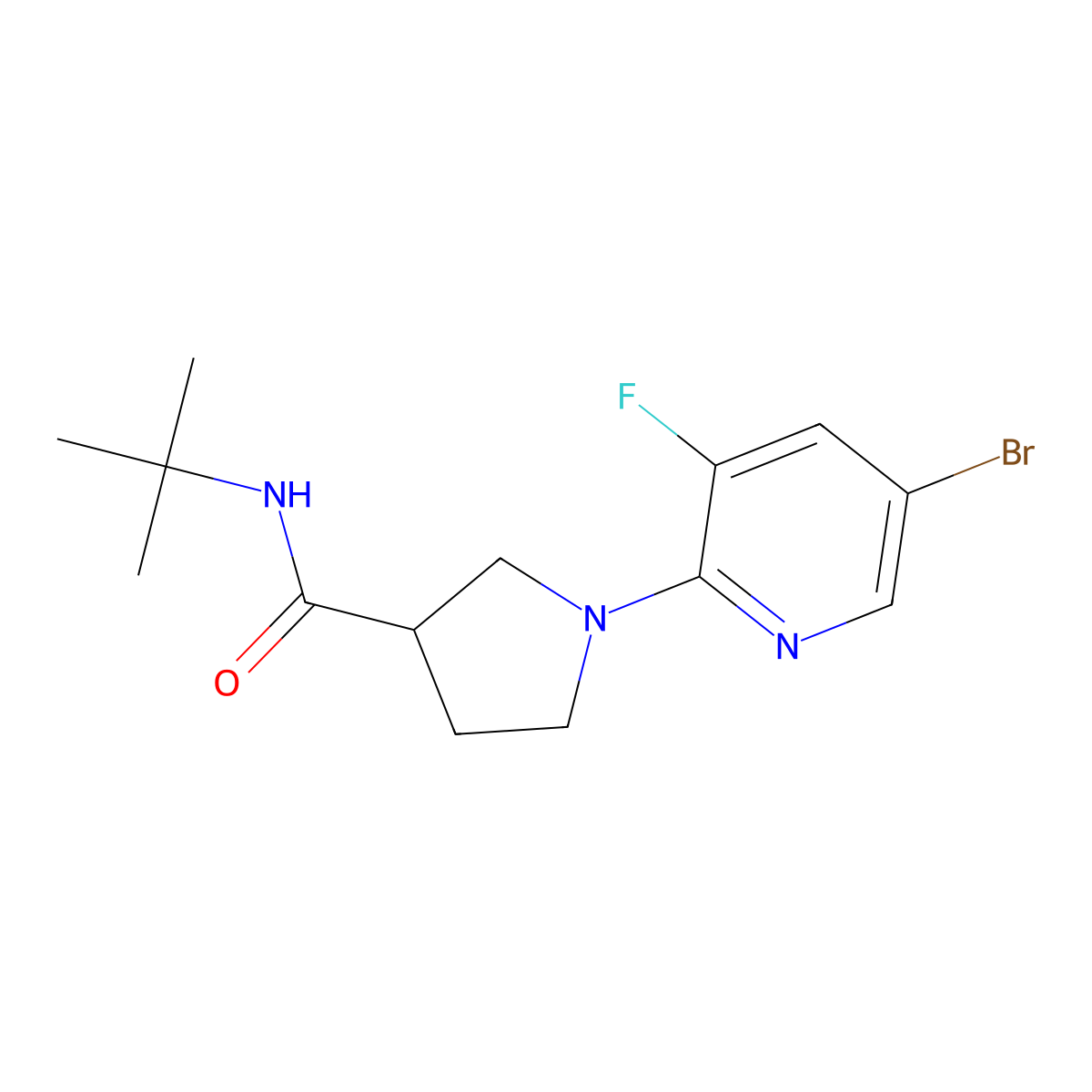 1-(5-bromo-3-fluoropyridin-2-yl)-N-tert-butylpyrrolidine-3-carboxamide molecular structure, CAS 2741938-71-4