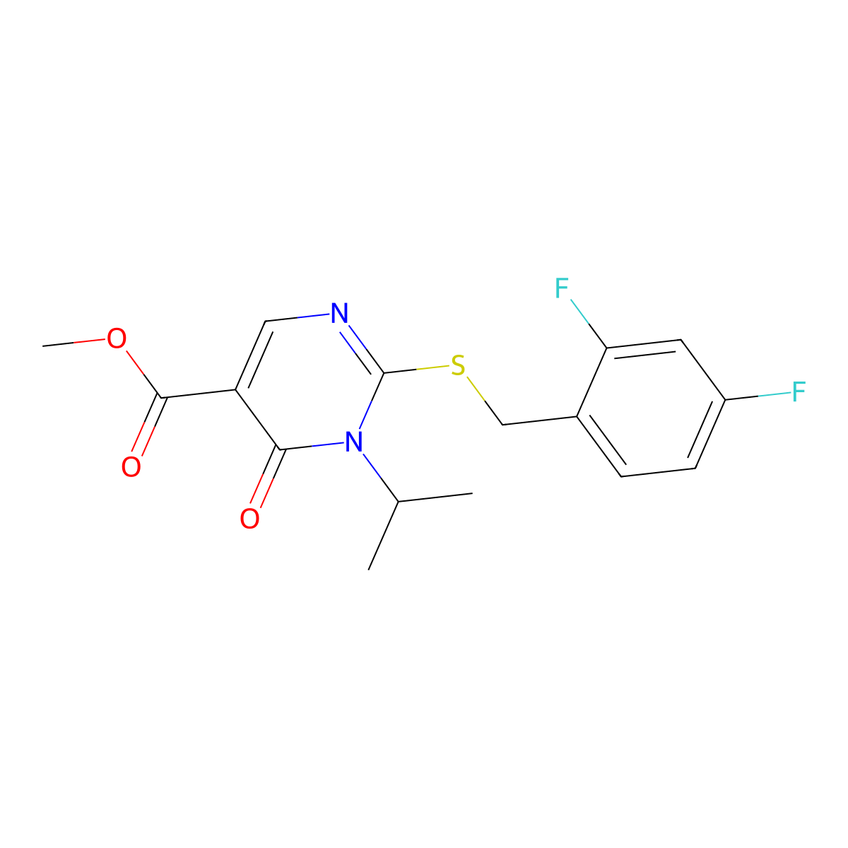 Methyl 2-{[(2,4-difluorophenyl)methyl]sulfanyl}-6-oxo-1-(propan-2-yl)-1,6-dihydropyrimidine-5-carboxylate molecular structure, CAS 2741938-73-6