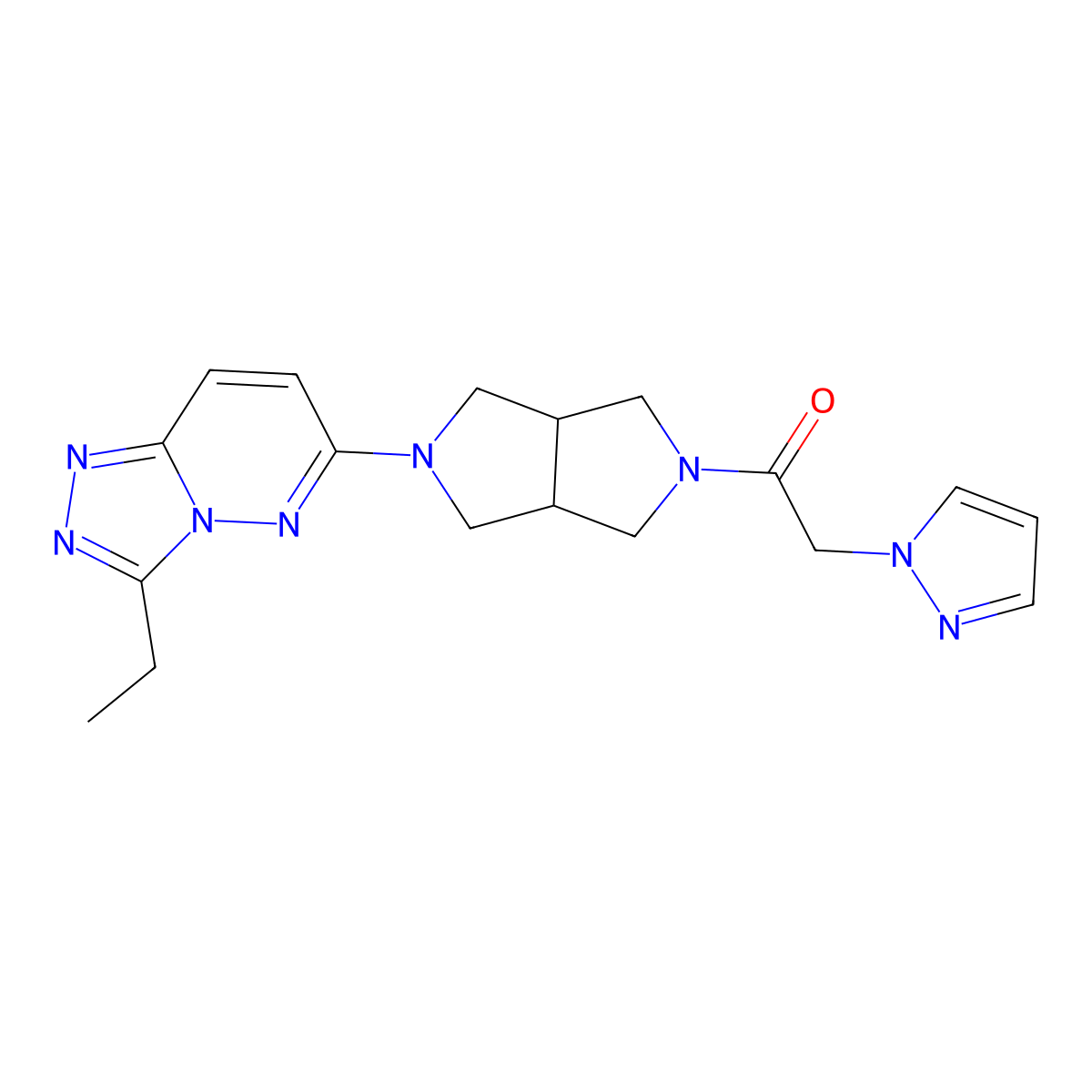 1-(5-{3-ethyl-[1,2,4]triazolo[4,3-b]pyridazin-6-yl}-octahydropyrrolo[3,4-c]pyrrol-2-yl)-2-(1H-pyrazol-1-yl)ethan-1-one molecular structure, CAS 2741938-86-1