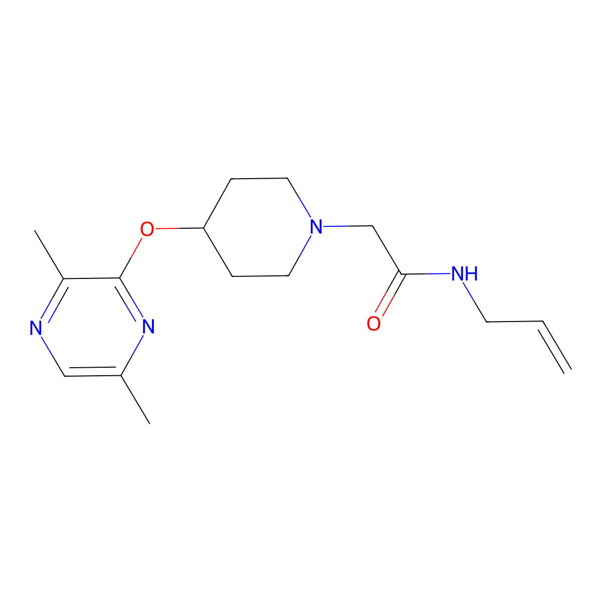 2-{4-[(3,6-dimethylpyrazin-2-yl)oxy]piperidin-1-yl}-N-(prop-2-en-1-yl)acetamide molecular structure, CAS 2741938-89-4