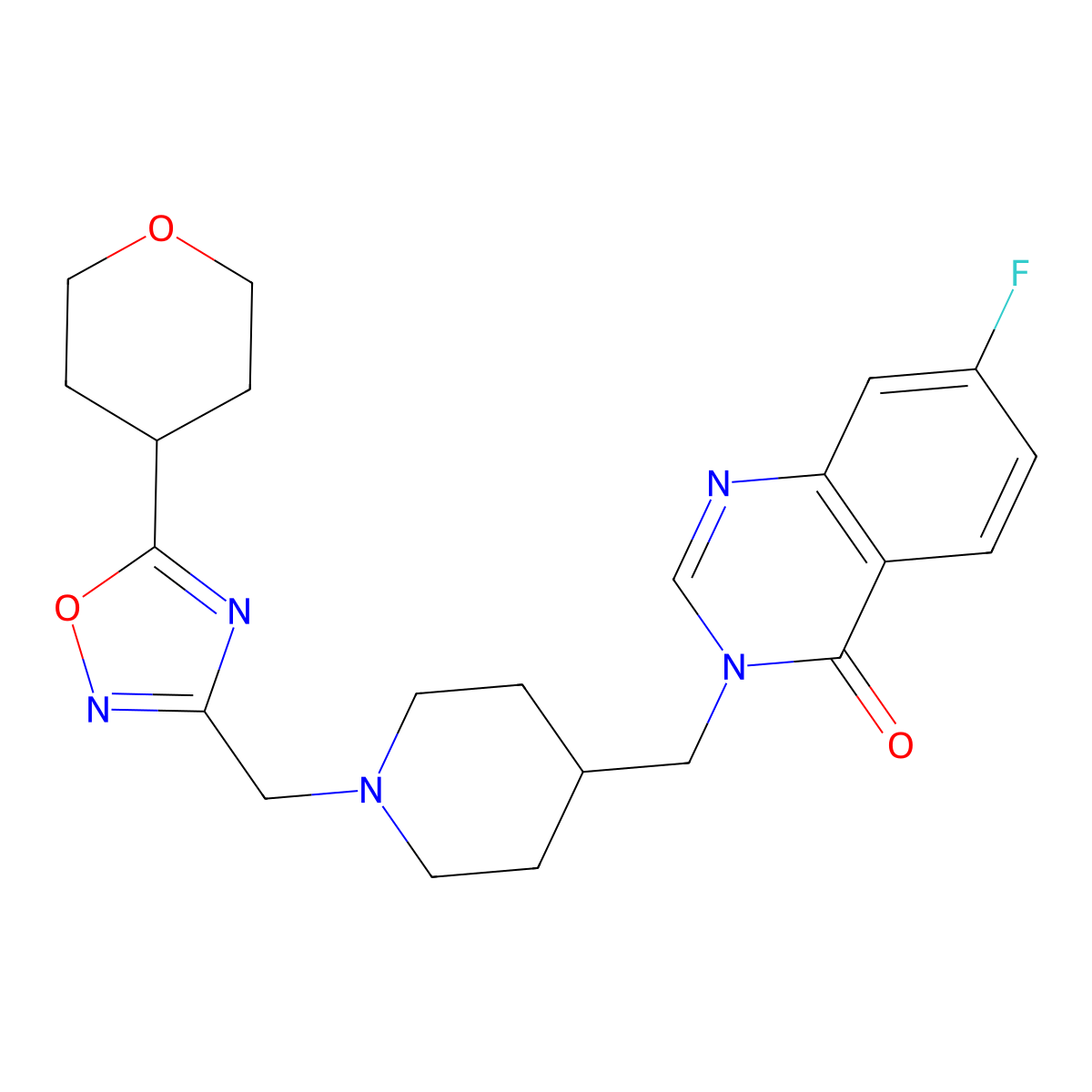 7-Fluoro-3-[(1-{[5-(oxan-4-yl)-1,2,4-oxadiazol-3-yl]methyl}piperidin-4-yl)methyl]-3,4-dihydroquinazolin-4-one molecular structure, CAS 2741938-93-0