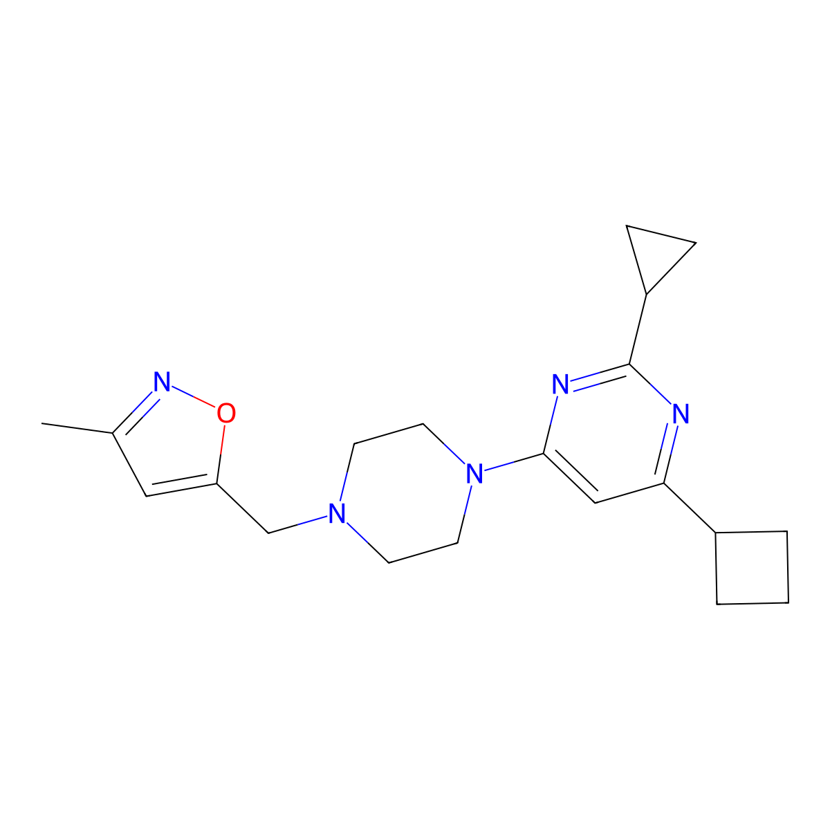 4-Cyclobutyl-2-cyclopropyl-6-{4-[(3-methyl-1,2-oxazol-5-yl)methyl]piperazin-1-yl}pyrimidine molecular structure, CAS 2741938-95-2