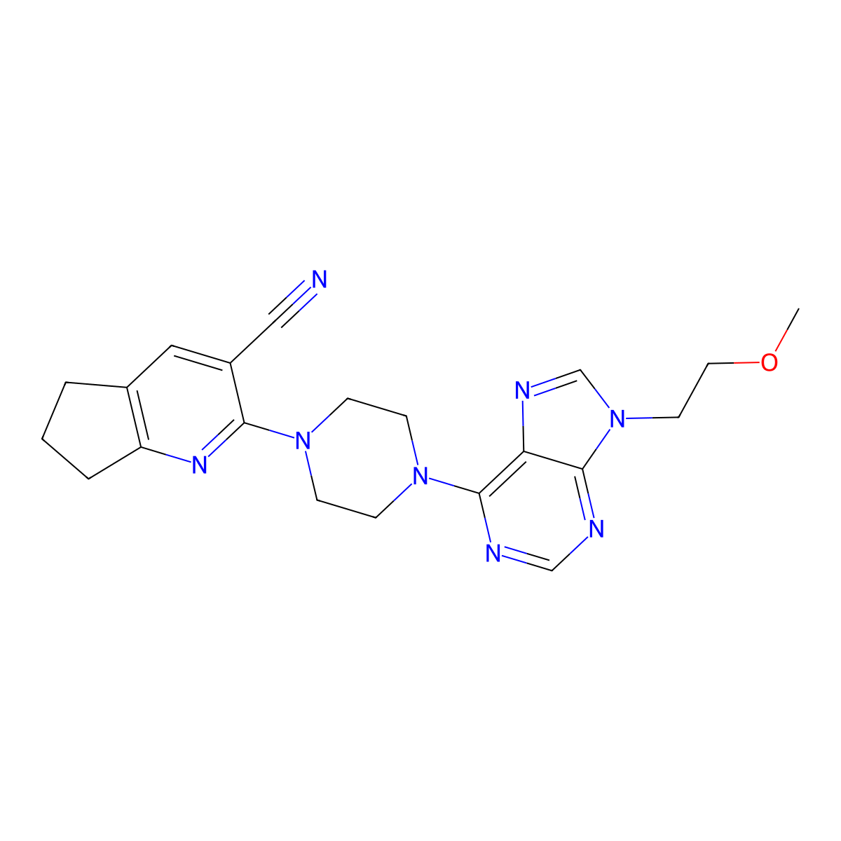 2-{4-[9-(2-methoxyethyl)-9H-purin-6-yl]piperazin-1-yl}-5H,6H,7H-cyclopenta[b]pyridine-3-carbonitrile molecular structure, CAS 2741938-97-4