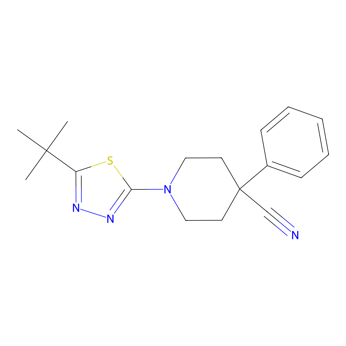 1-(5-Tert-butyl-1,3,4-thiadiazol-2-yl)-4-phenylpiperidine-4-carbonitrile molecular structure, CAS 2741939-04-6