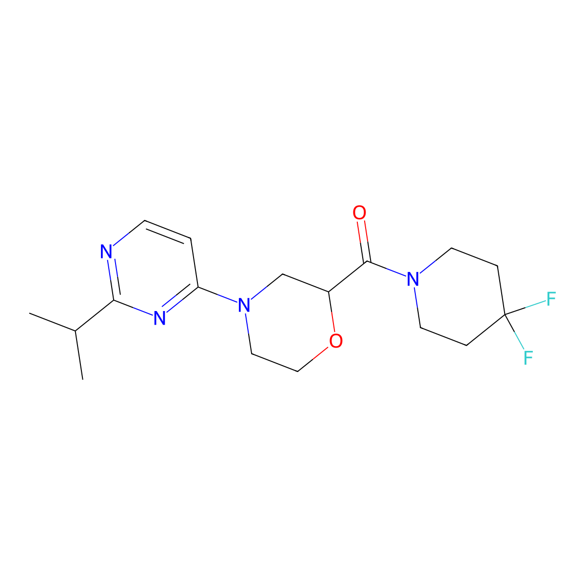 2-(4,4-Difluoropiperidine-1-carbonyl)-4-[2-(propan-2-yl)pyrimidin-4-yl]morpholine molecular structure, CAS 2741939-09-1