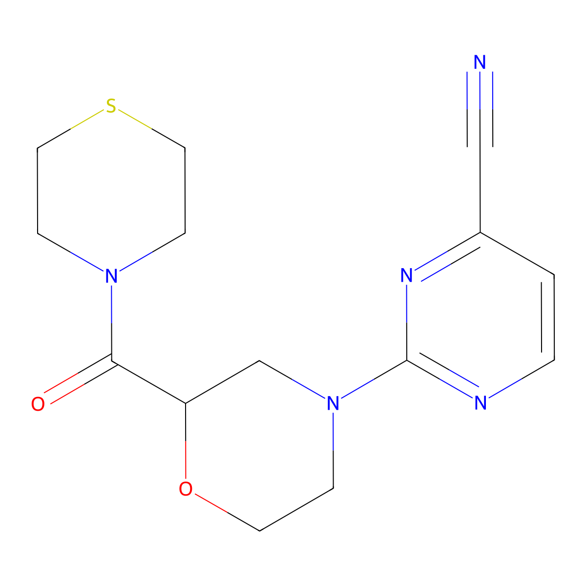 2-[2-(Thiomorpholine-4-carbonyl)morpholin-4-yl]pyrimidine-4-carbonitrile molecular structure, CAS 2741939-14-8