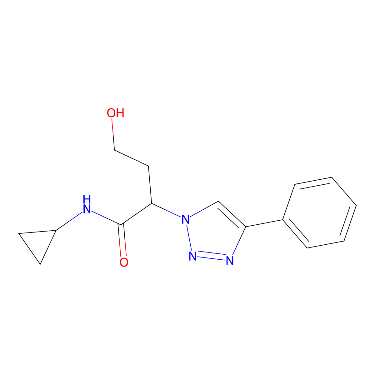 N-cyclopropyl-4-hydroxy-2-(4-phenyl-1H-1,2,3-triazol-1-yl)butanamide molecular structure, CAS 2741939-18-2