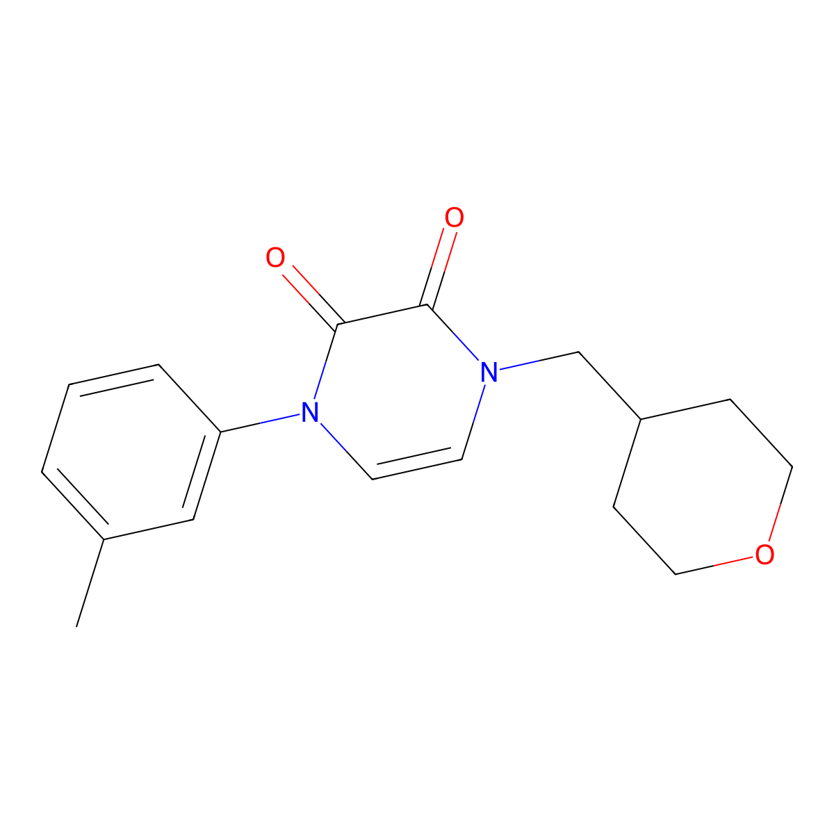 1-((Tetrahydro-2H-pyran-4-yl)methyl)-4-(m-tolyl)-1,4-dihydropyrazine-2,3-dione molecular structure, CAS 2741939-23-9
