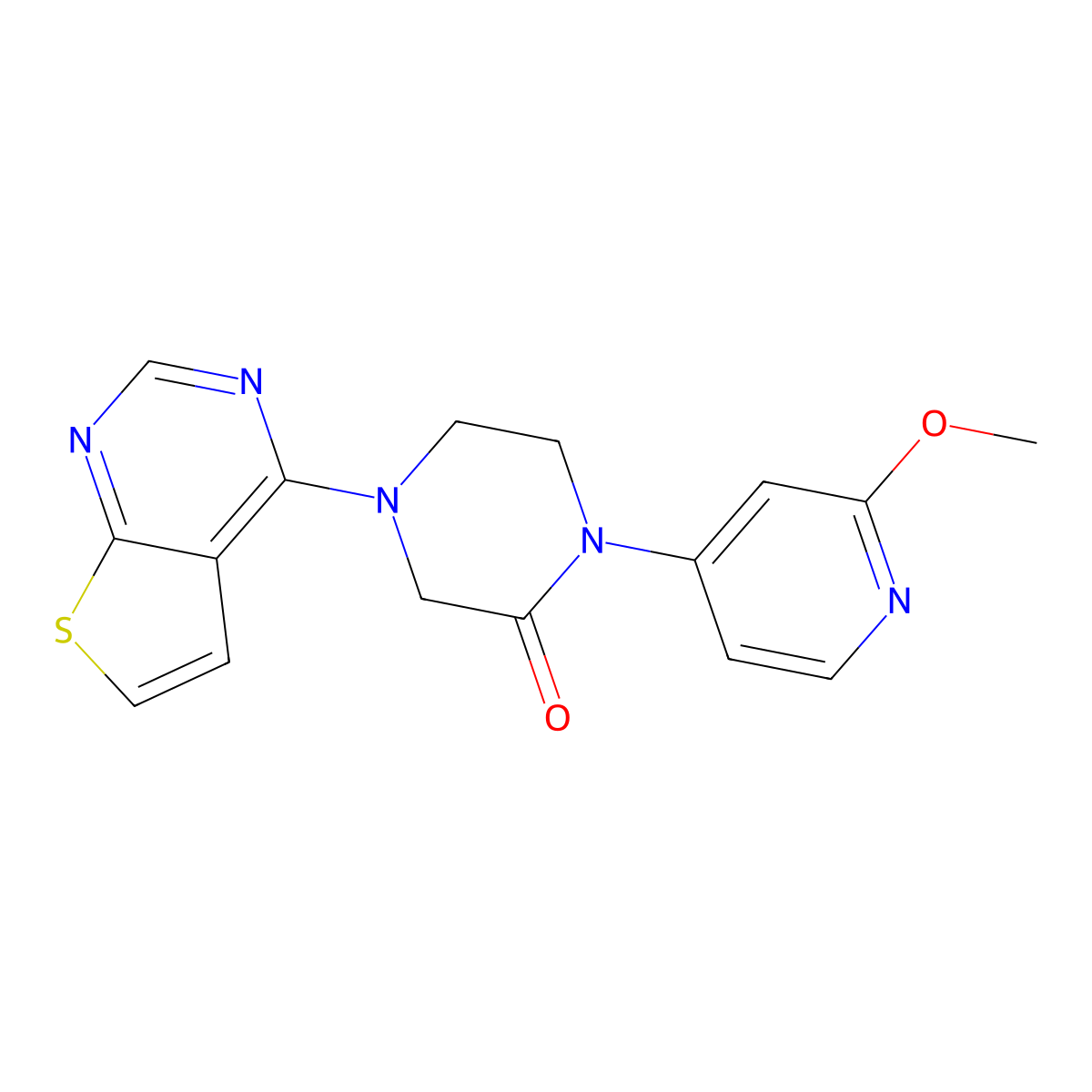 1-(2-Methoxypyridin-4-yl)-4-{thieno[2,3-d]pyrimidin-4-yl}piperazin-2-one molecular structure, CAS 2741939-27-3