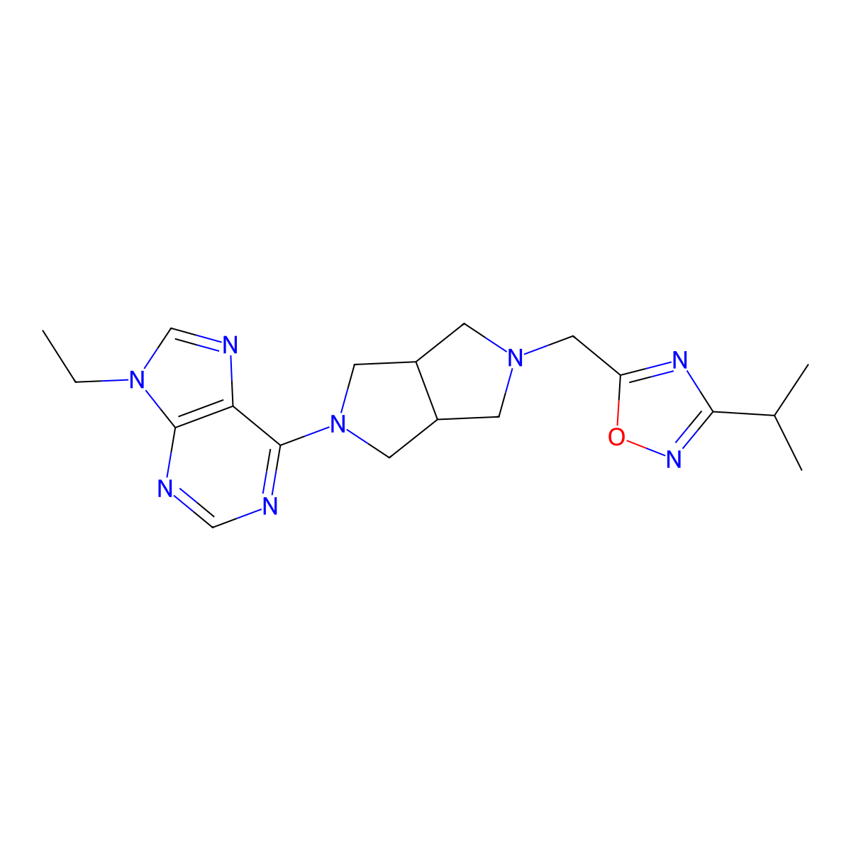 9-ethyl-6-(5-{[3-(propan-2-yl)-1,2,4-oxadiazol-5-yl]methyl}-octahydropyrrolo[3,4-c]pyrrol-2-yl)-9H-purine molecular structure, CAS 2741939-31-9