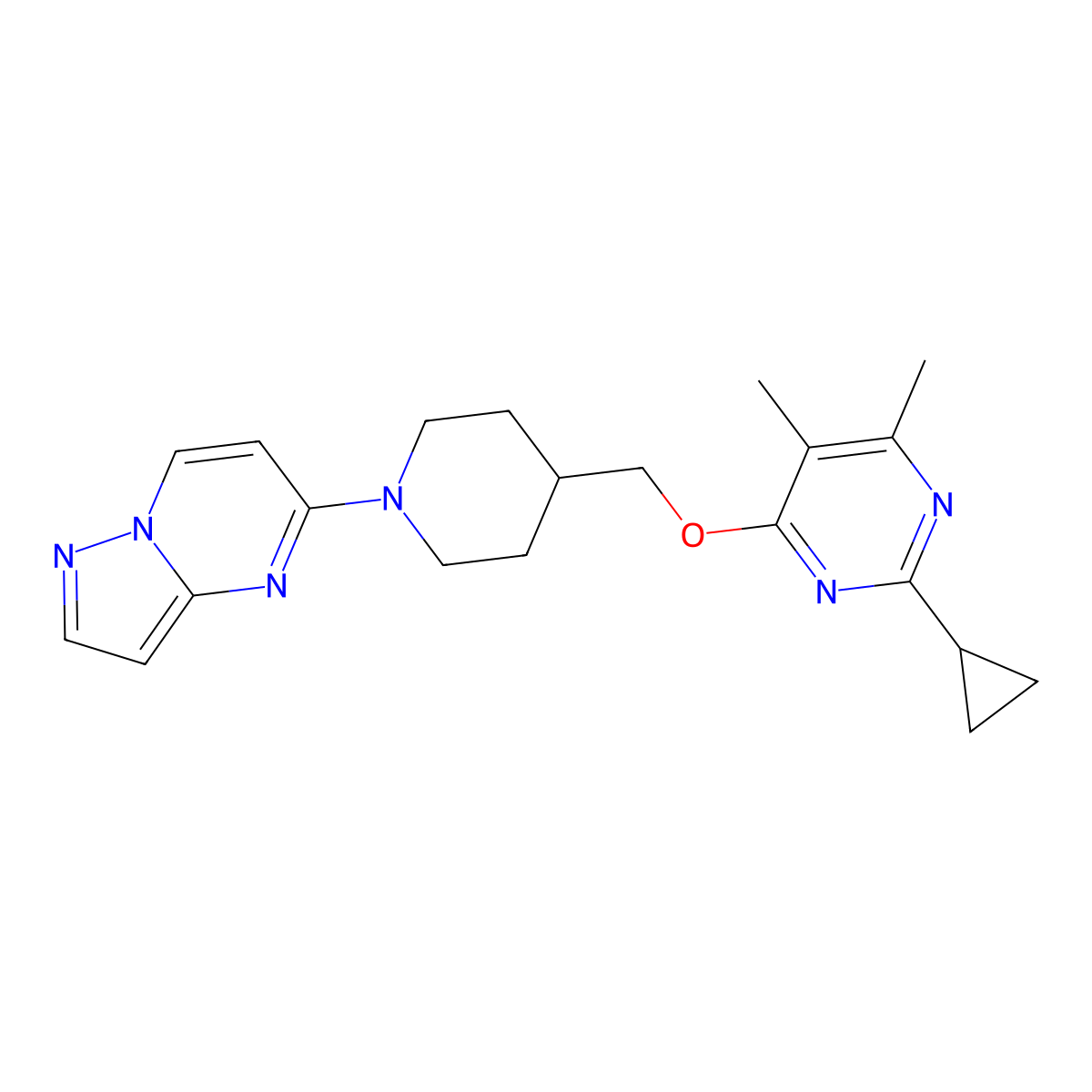 2-Cyclopropyl-4,5-dimethyl-6-[(1-{pyrazolo[1,5-a]pyrimidin-5-yl}piperidin-4-yl)methoxy]pyrimidine molecular structure, CAS 2741939-36-4