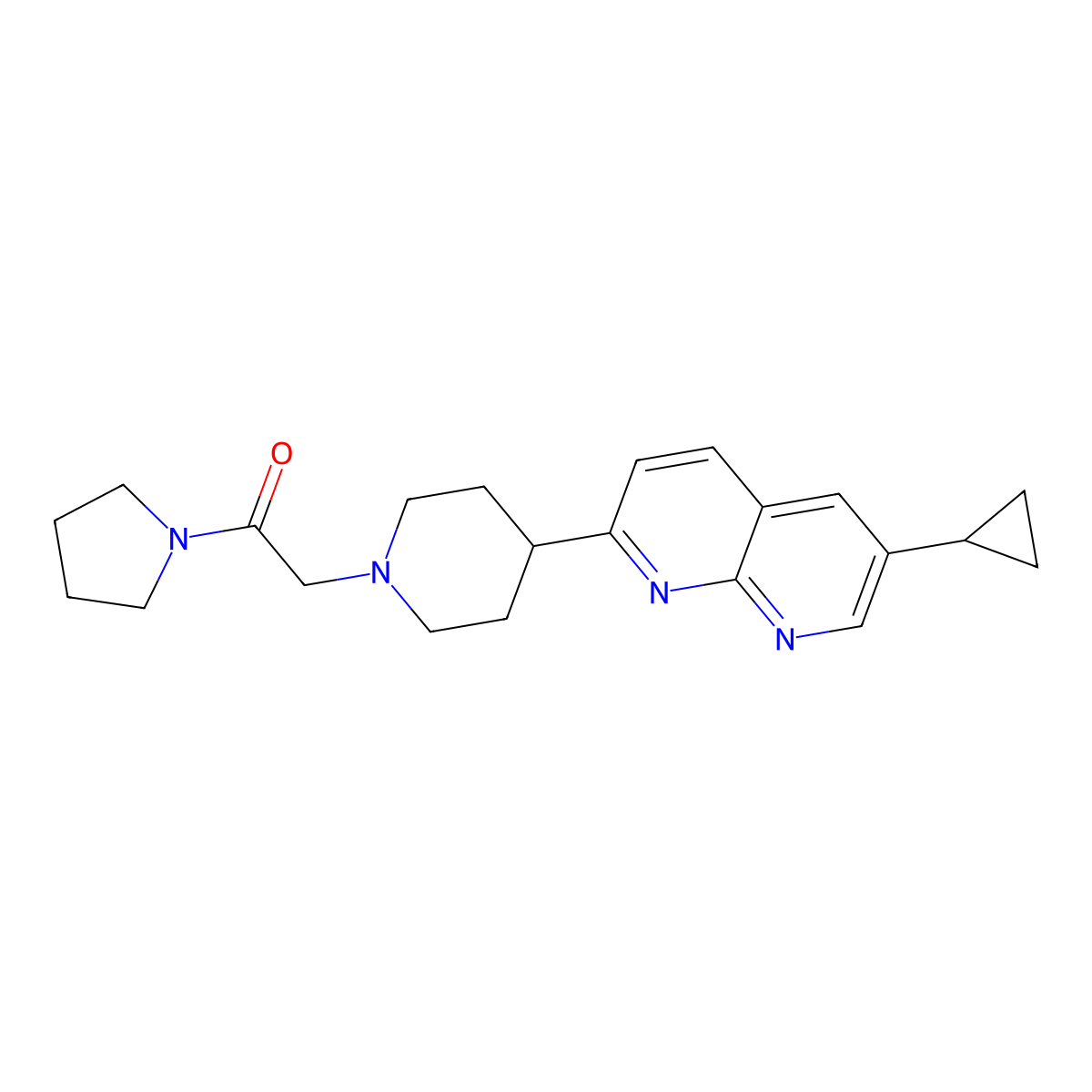 2-[4-(6-Cyclopropyl-1,8-naphthyridin-2-yl)piperidin-1-yl]-1-(pyrrolidin-1-yl)ethan-1-one molecular structure, CAS 2741939-39-7