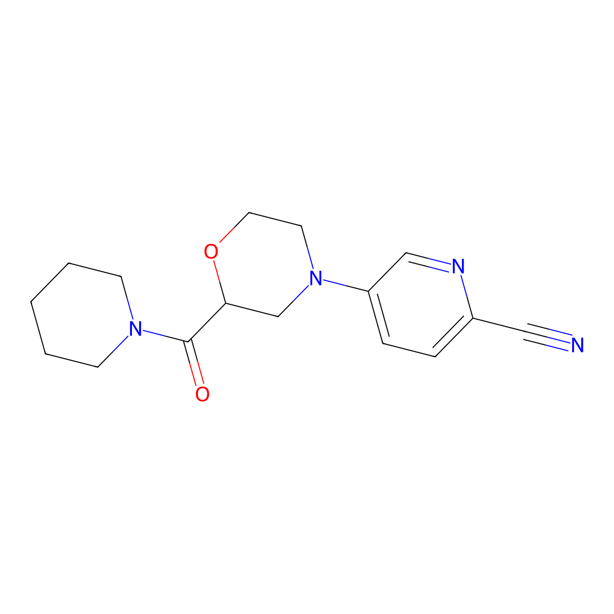 5-[2-(Piperidine-1-carbonyl)morpholin-4-yl]pyridine-2-carbonitrile molecular structure, CAS 2741939-40-0