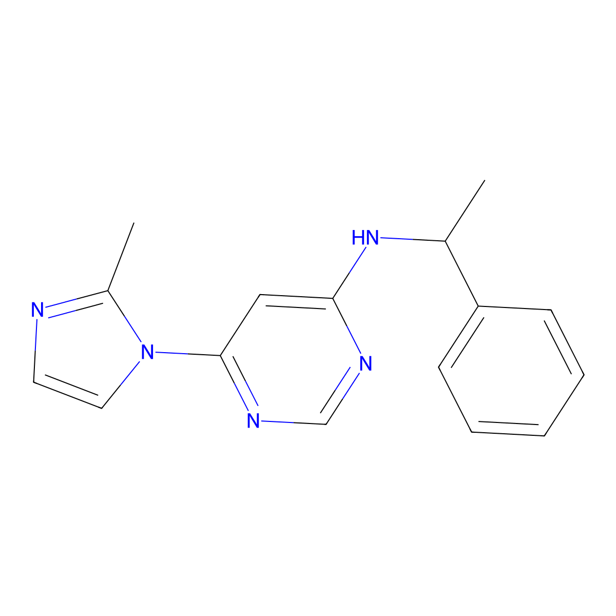 6-(2-methyl-1H-imidazol-1-yl)-N-(1-phenylethyl)pyrimidin-4-amine molecular structure, CAS 2741939-43-3