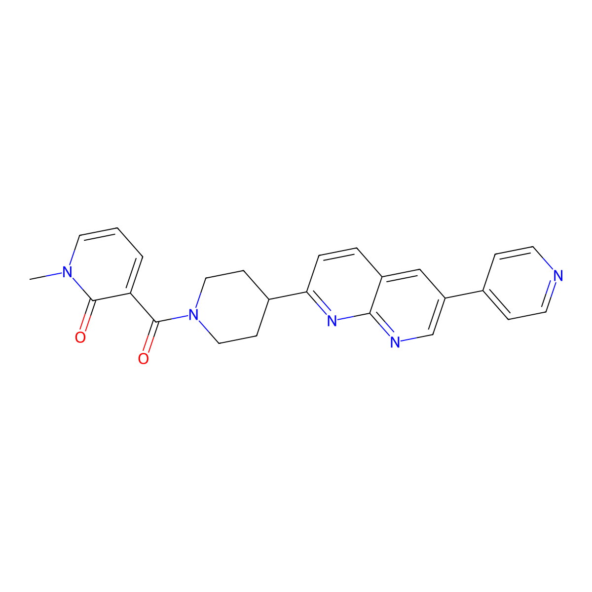 1-Methyl-3-{4-[6-(pyridin-4-yl)-1,8-naphthyridin-2-yl]piperidine-1-carbonyl}-1,2-dihydropyridin-2-one molecular structure, CAS 2741939-52-4