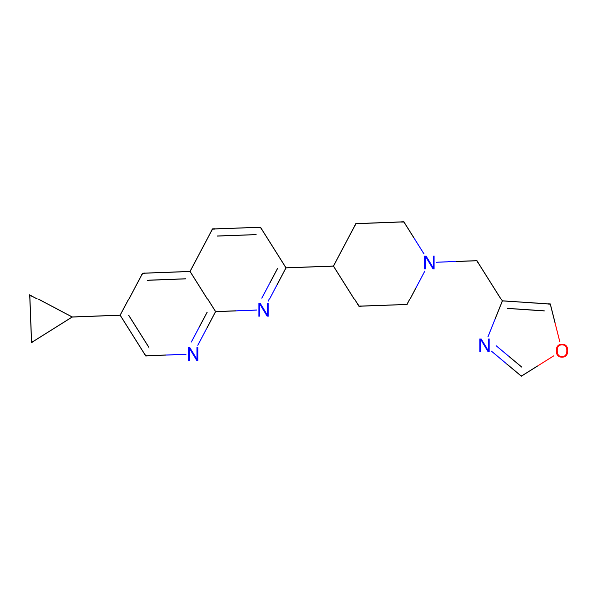 6-Cyclopropyl-2-{1-[(1,3-oxazol-4-yl)methyl]piperidin-4-yl}-1,8-naphthyridine molecular structure, CAS 2741939-54-6