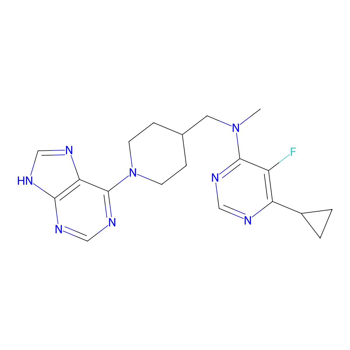 6-cyclopropyl-5-fluoro-N-methyl-N-{[1-(9H-purin-6-yl)piperidin-4-yl]methyl}pyrimidin-4-amine molecular structure, CAS 2741939-55-7