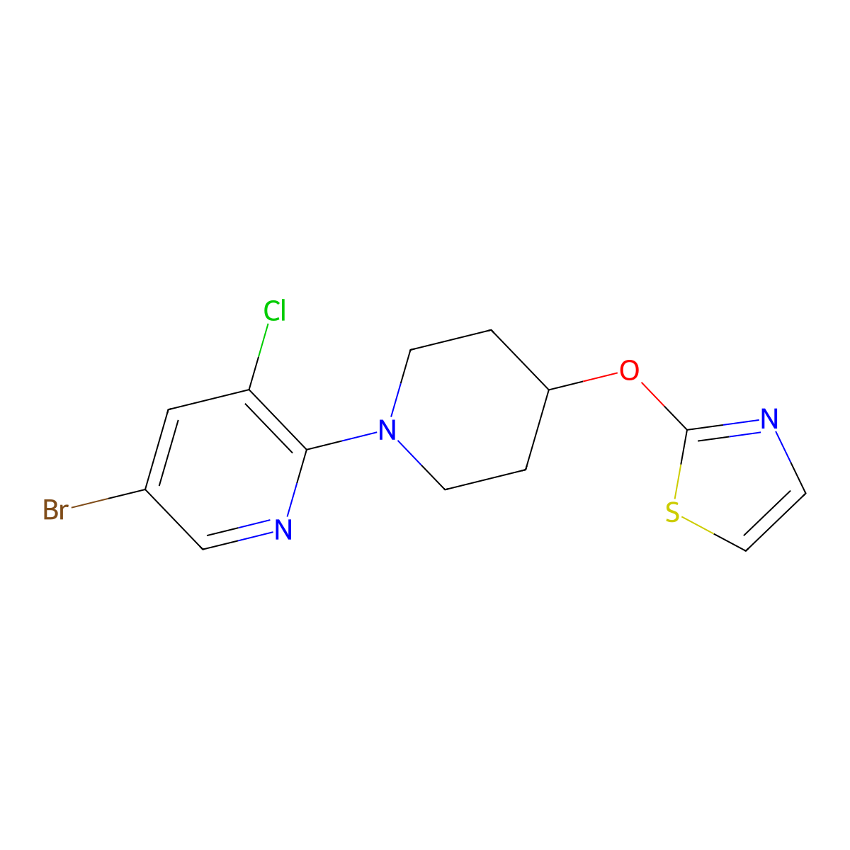 5-Bromo-3-chloro-2-[4-(1,3-thiazol-2-yloxy)piperidin-1-yl]pyridine molecular structure, CAS 2741939-77-3