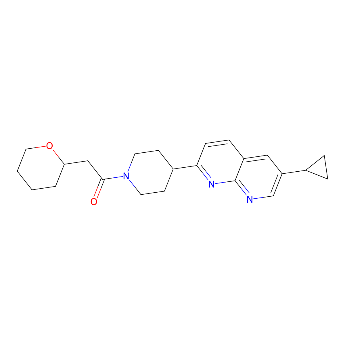 1-[4-(6-Cyclopropyl-1,8-naphthyridin-2-yl)piperidin-1-yl]-2-(oxan-2-yl)ethan-1-one molecular structure, CAS 2741939-88-6