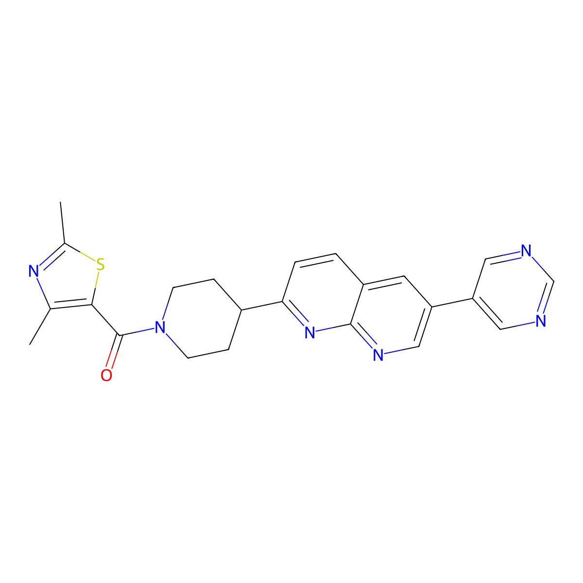 2-[1-(2,4-Dimethyl-1,3-thiazole-5-carbonyl)piperidin-4-yl]-6-(pyrimidin-5-yl)-1,8-naphthyridine molecular structure, CAS 2741939-90-0