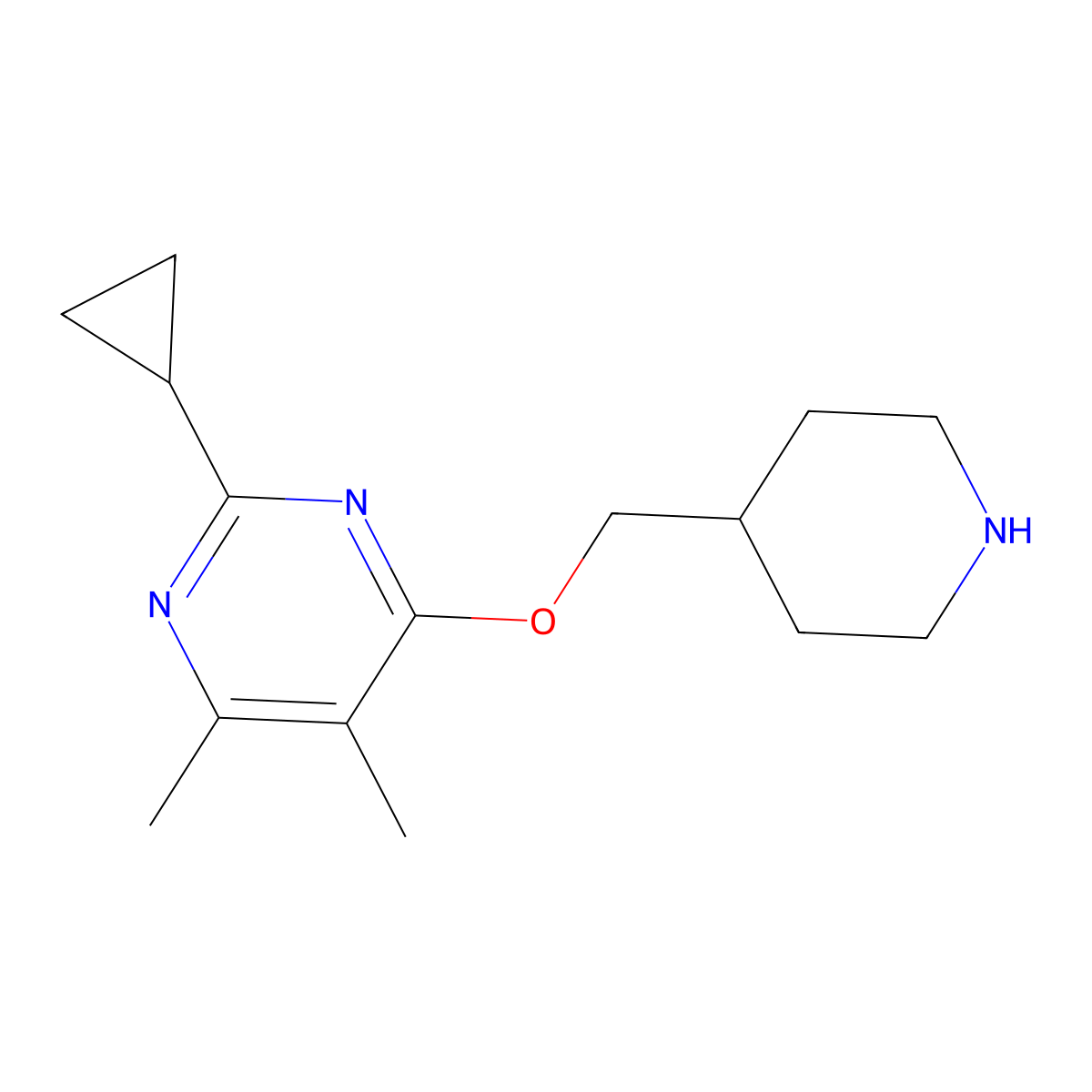 2-Cyclopropyl-4,5-dimethyl-6-[(piperidin-4-yl)methoxy]pyrimidine molecular structure, CAS 2741939-96-6