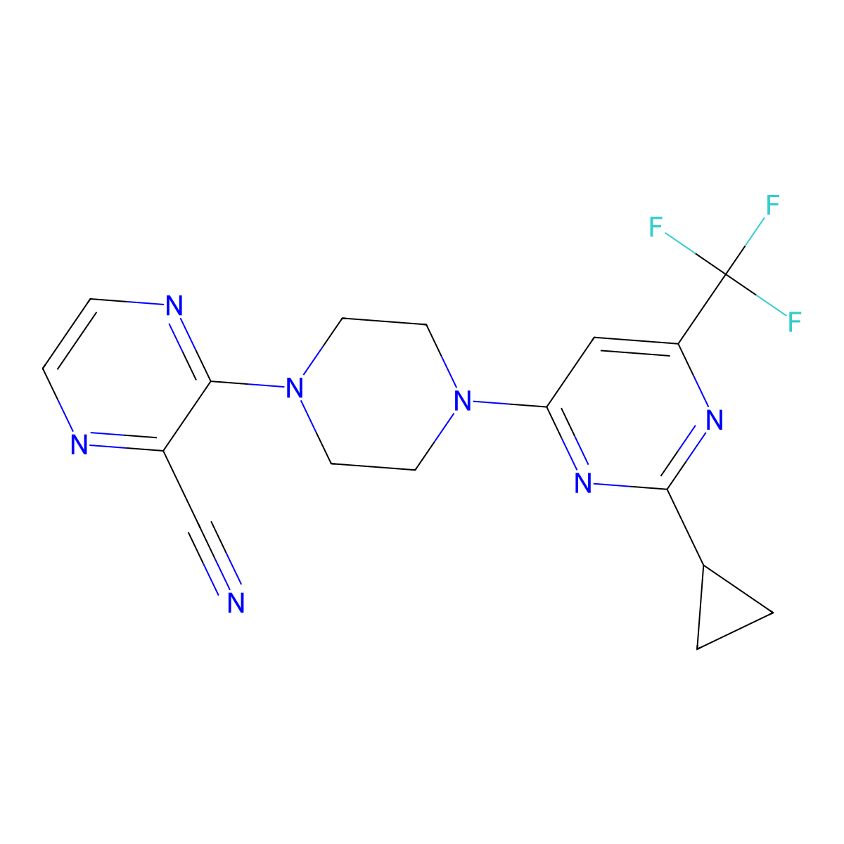 3-{4-[2-Cyclopropyl-6-(trifluoromethyl)pyrimidin-4-yl]piperazin-1-yl}pyrazine-2-carbonitrile molecular structure, CAS 2741940-05-4