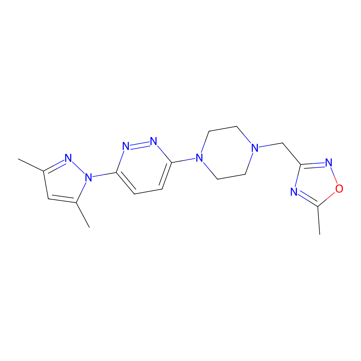 3-(3,5-dimethyl-1H-pyrazol-1-yl)-6-{4-[(5-methyl-1,2,4-oxadiazol-3-yl)methyl]piperazin-1-yl}pyridazine molecular structure, CAS 2741940-18-9