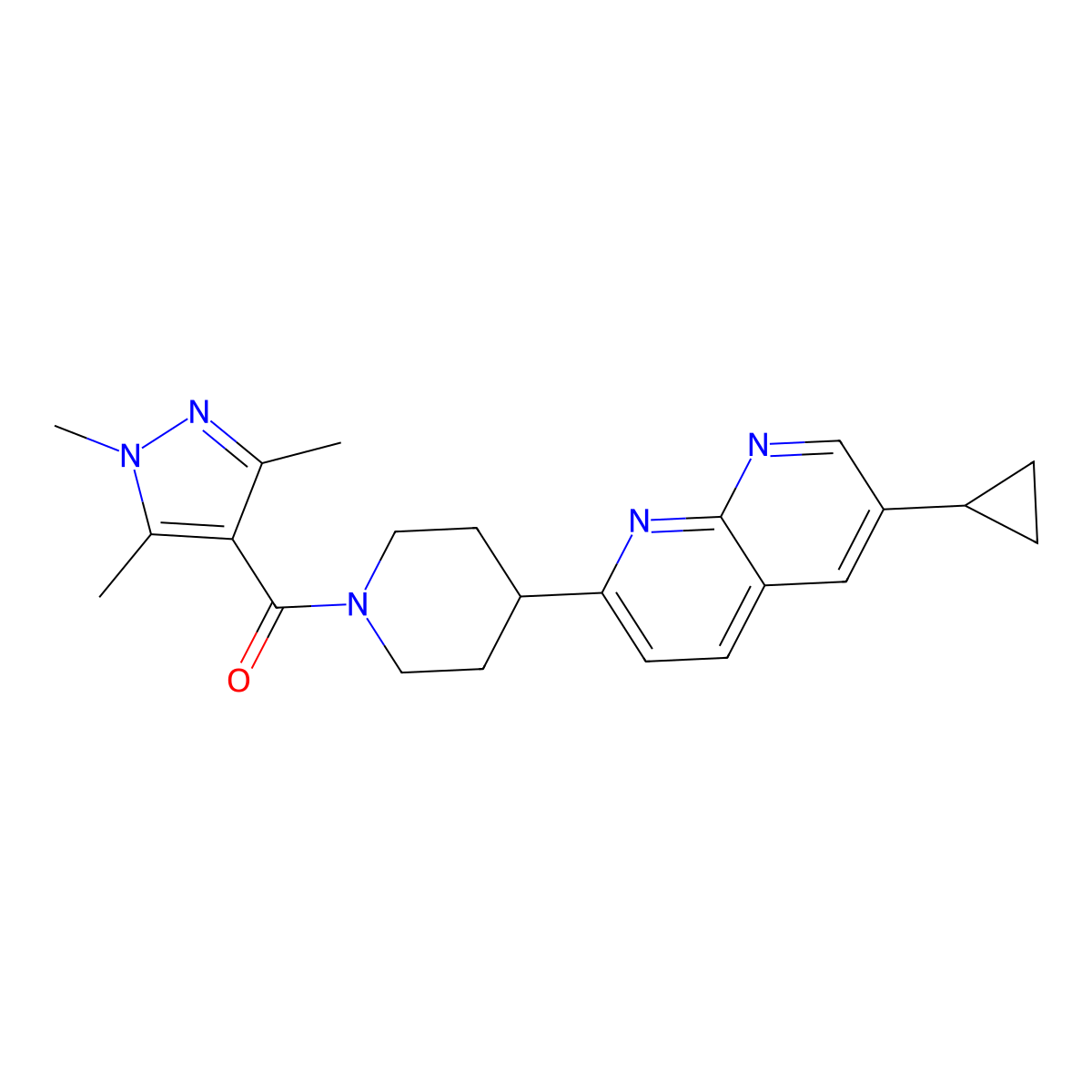 6-cyclopropyl-2-[1-(1,3,5-trimethyl-1H-pyrazole-4-carbonyl)piperidin-4-yl]-1,8-naphthyridine molecular structure, CAS 2741940-23-6