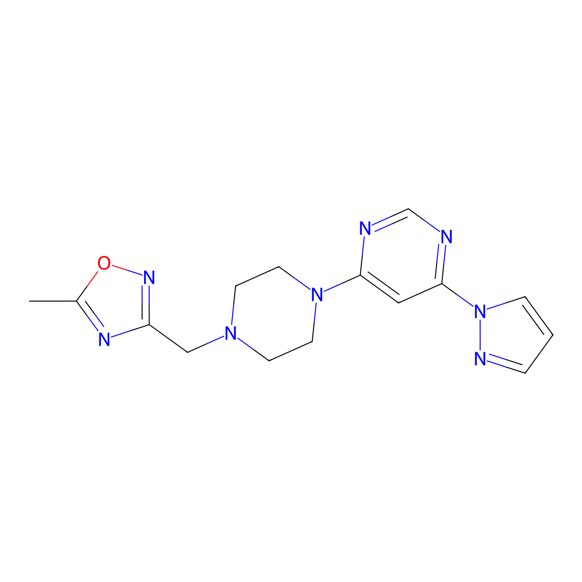 4-{4-[(5-methyl-1,2,4-oxadiazol-3-yl)methyl]piperazin-1-yl}-6-(1H-pyrazol-1-yl)pyrimidine molecular structure, CAS 2741940-25-8