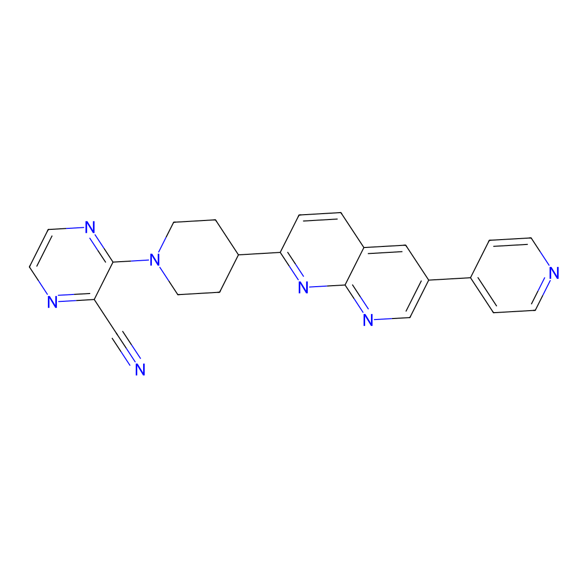 3-{4-[6-(Pyridin-4-yl)-1,8-naphthyridin-2-yl]piperidin-1-yl}pyrazine-2-carbonitrile molecular structure, CAS 2741940-30-5
