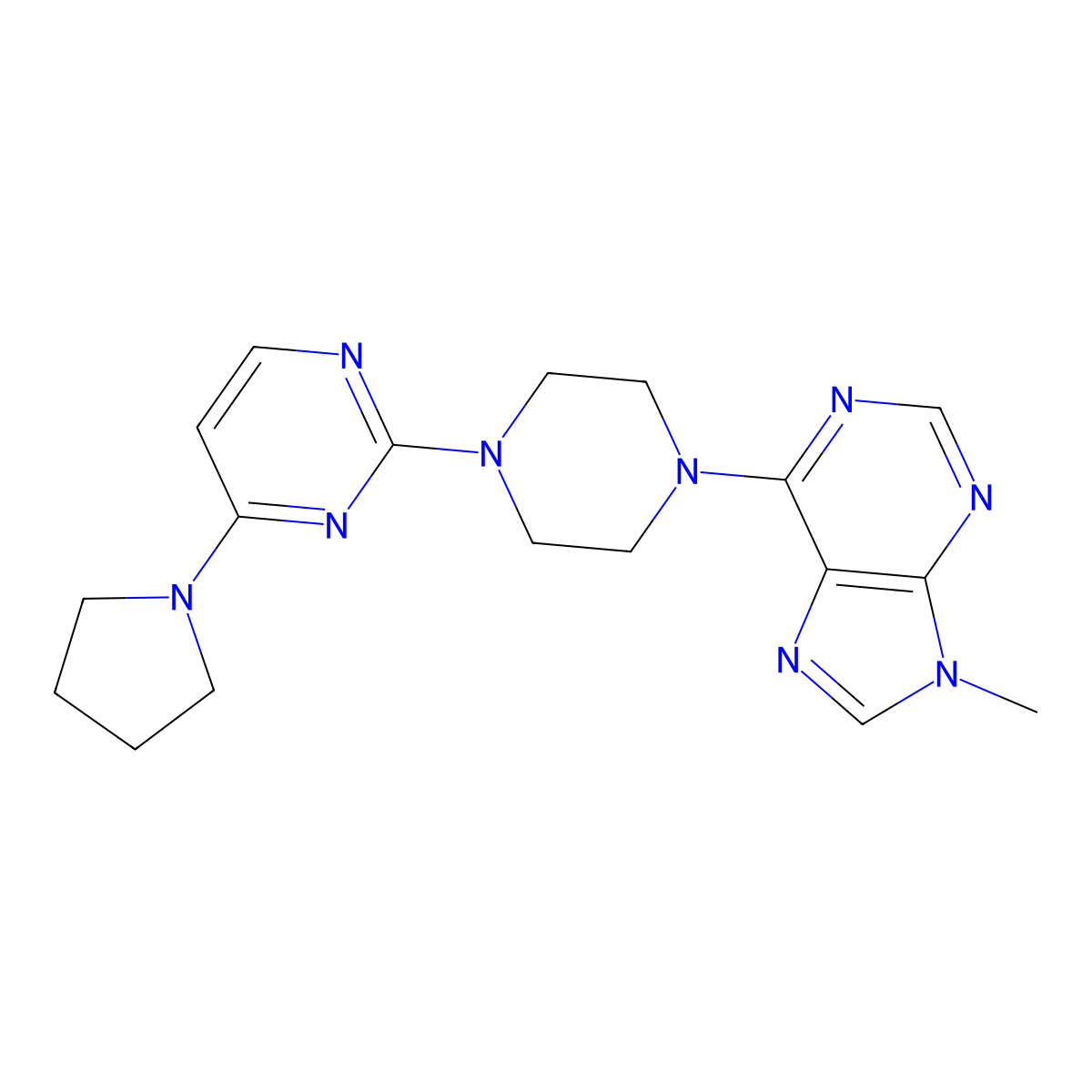 9-methyl-6-{4-[4-(pyrrolidin-1-yl)pyrimidin-2-yl]piperazin-1-yl}-9H-purine molecular structure, CAS 2741940-36-1